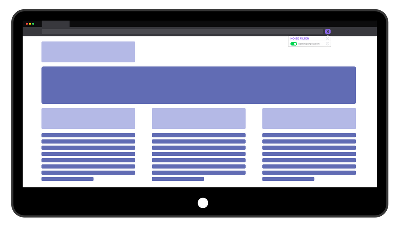 Graphic of a desktop monitor displaying a news website with the Noise Filter extension active